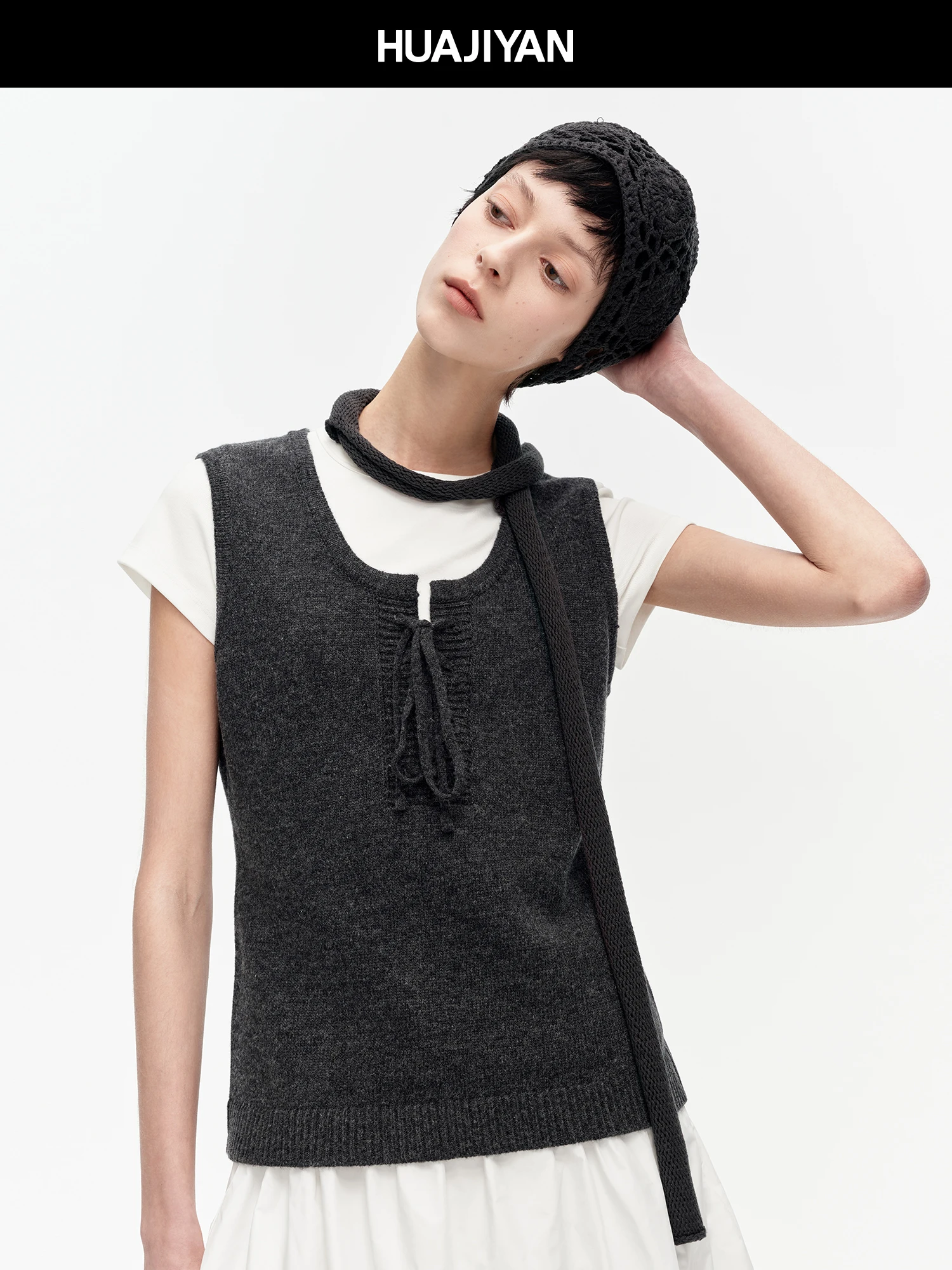 

Жилет Hua Ji Yan из смесовой шерсти с U-образным вырезом и завязками, женский, для повседневной носки, стандартной длины, H-образный силуэт