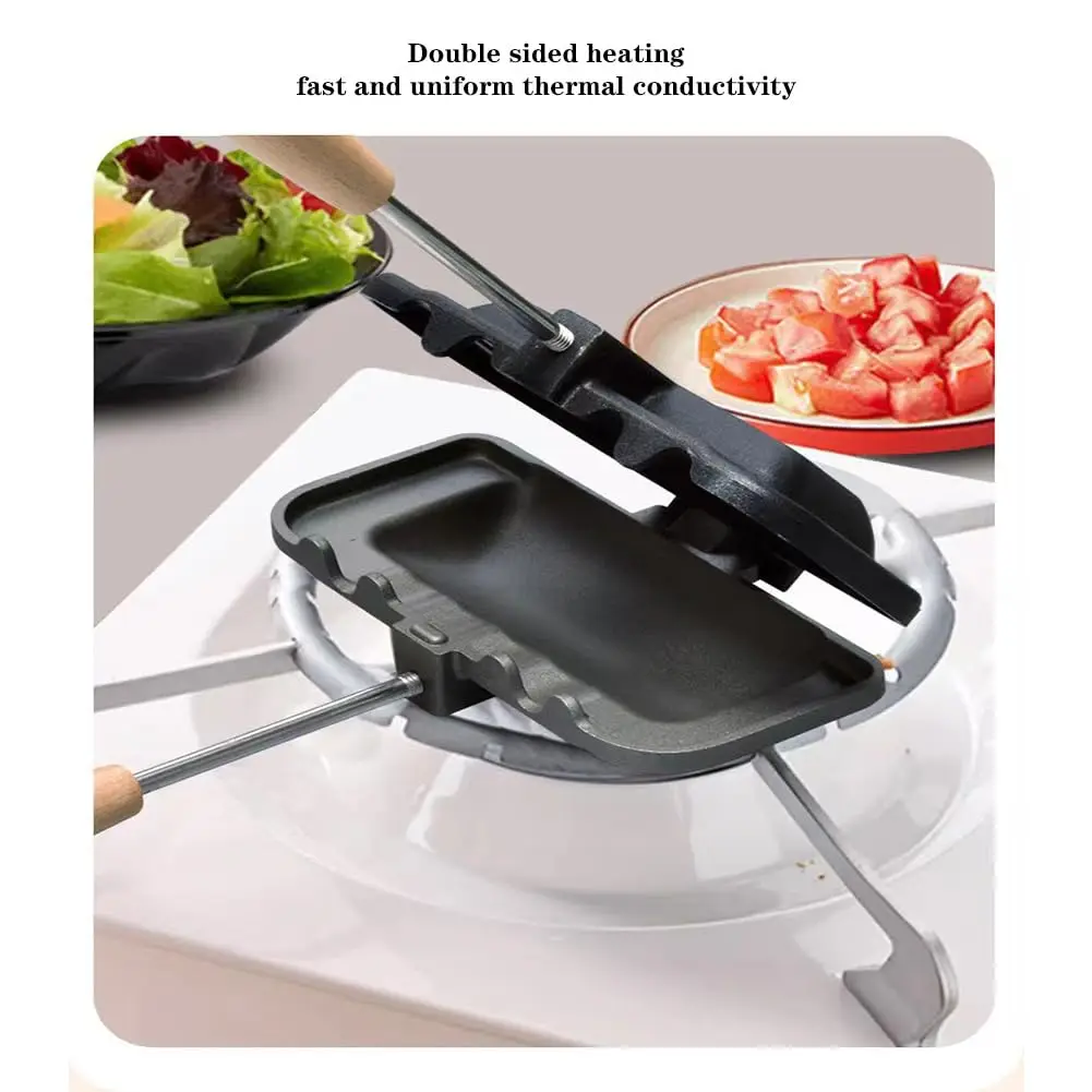 Sandwich Maker with Wooden Handle, Portable Non‑Stick Sandwich Grill Pan, Double Sided Heating Breakfast Toaster for Camping Home
