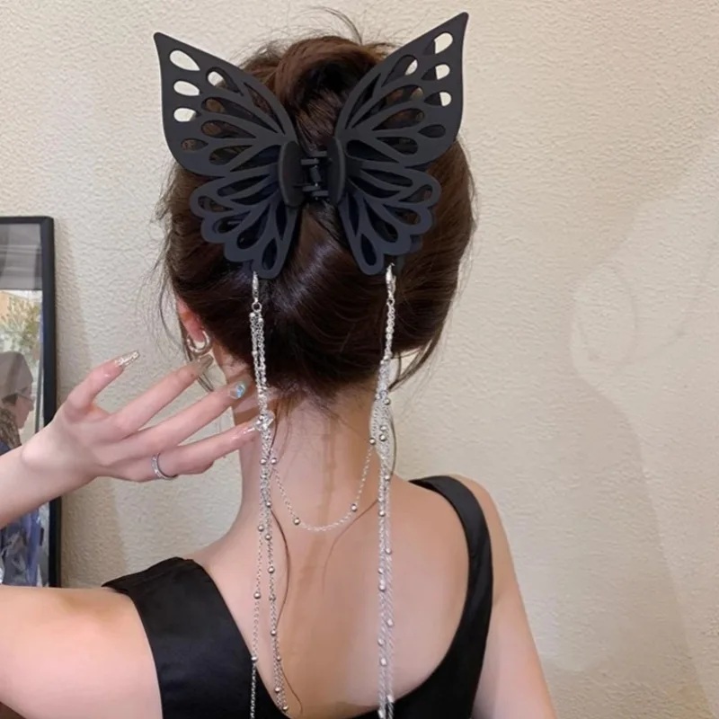 Pinza de pelo de Mariposa Negra grande para mujer, horquilla elegante de temperamento, tocado de borlas largas, Clip de agarre de moda, accesorios