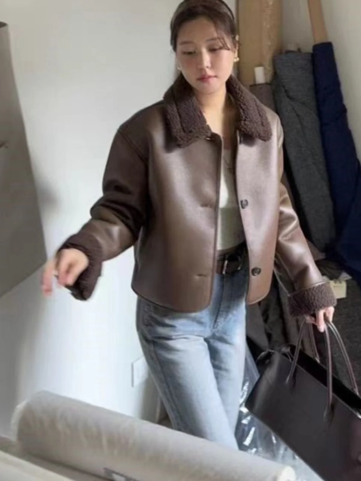 Chic ort Leather And Fur Jaet Women's Sli Vintage Hong Kong Sle Outerwear Trendy Top PU Leather Long Sve