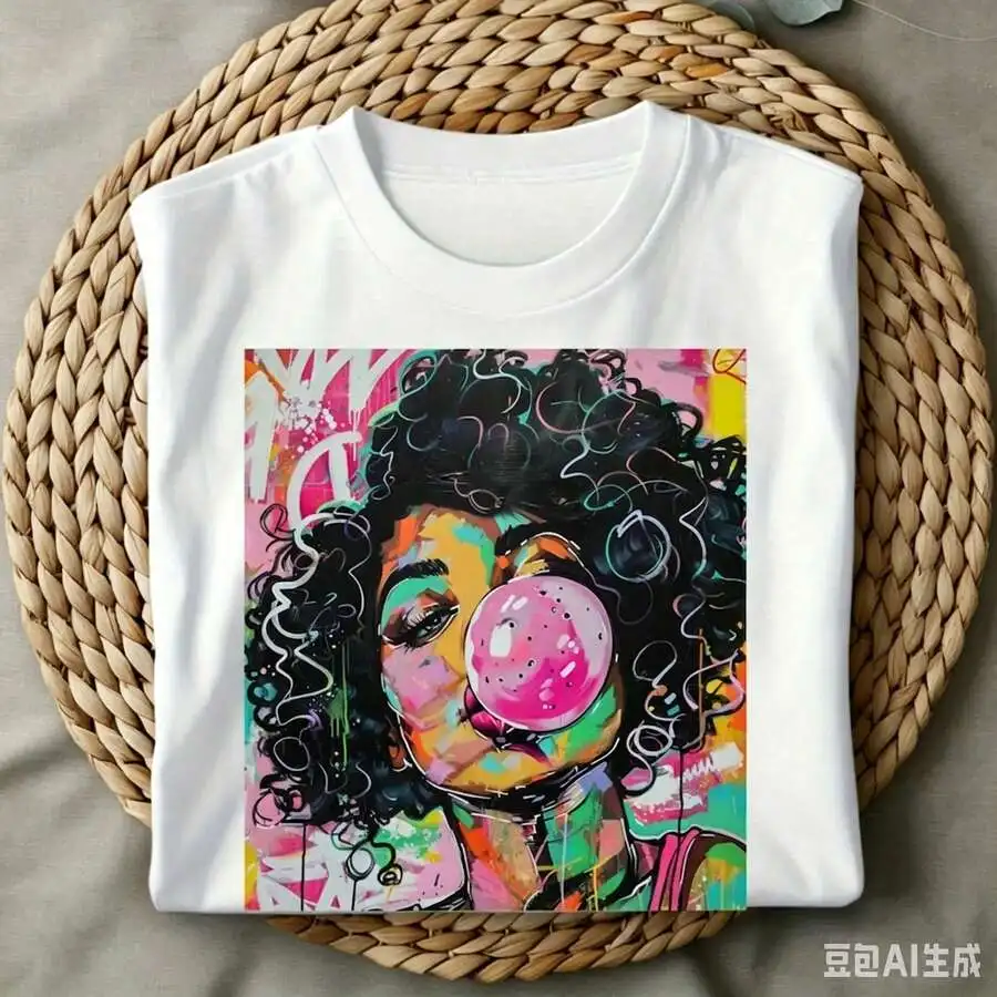 Funky Weekend Vibes Pop Art Curly Hair Girl Blowing Bubble Gum Print Women Casual Crewneck Graphic Tee Streetwear Daily Vacation