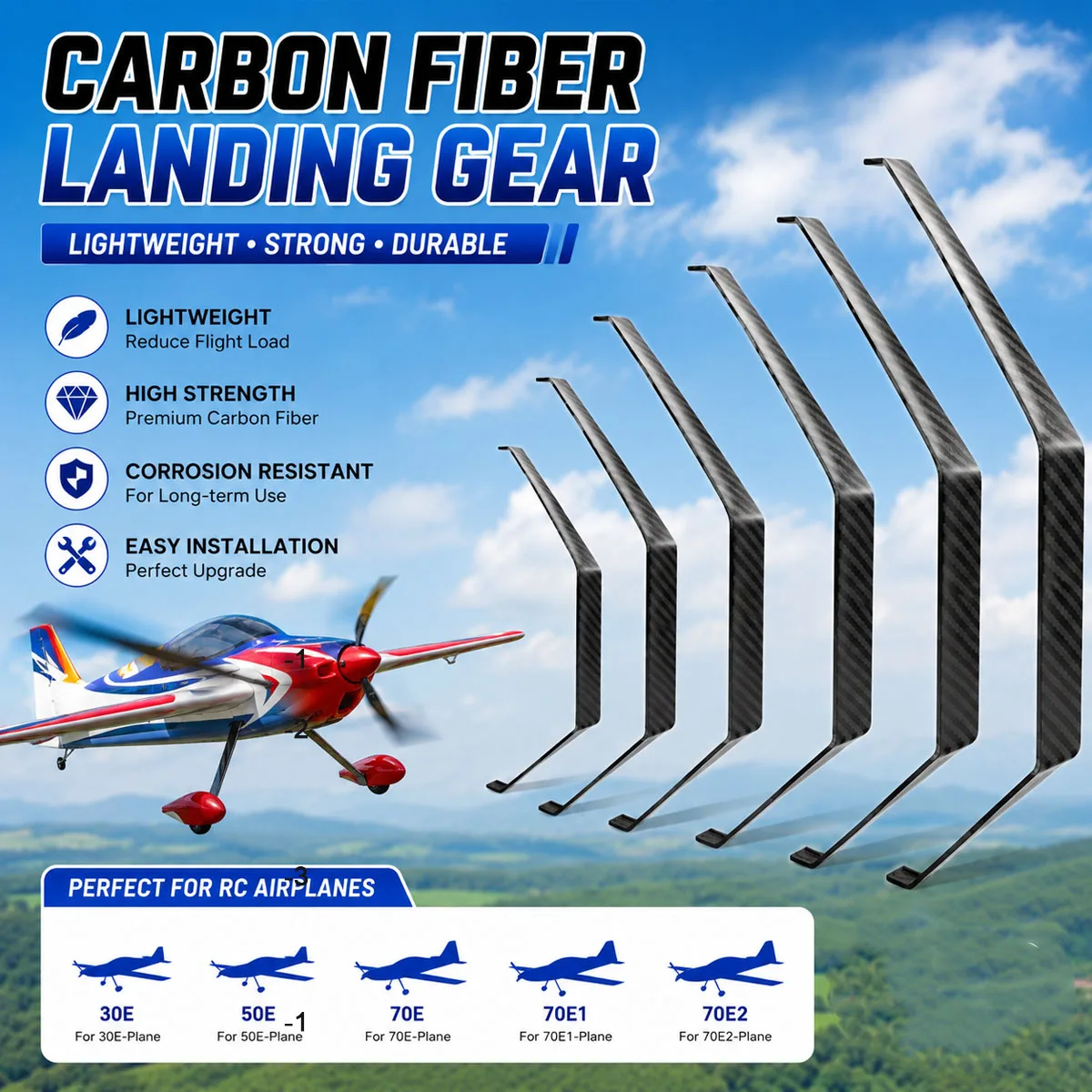 Carbon Fiber Landing Gear for Electric RC Airplane 30E 50E 70E Fixed Wing Aircraft Lightweight Undercarriage