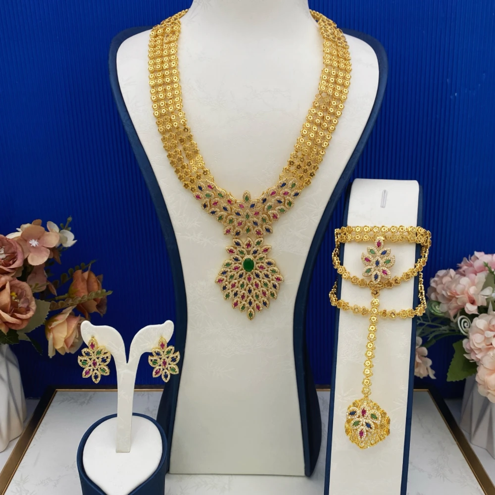 

Flora 4Pcs Women's Jewelry Set Gold Plated Copper Cubic Zirconia Necklace Ring Bracelet Earrings Arabic Festival Accessory