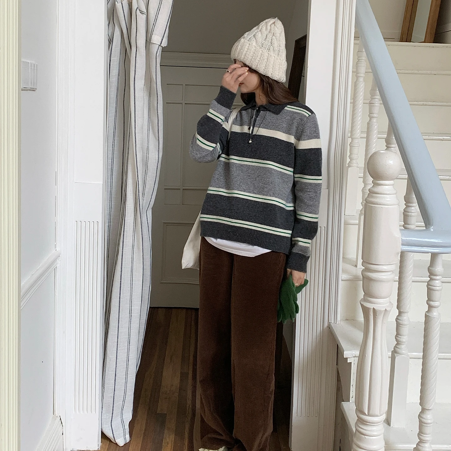 Simple Autumn Winter Women 100% Merino Wool Sweater Thick Color Block Stripe Knit Polo Pullover Elegant Versatile Home Knit Top