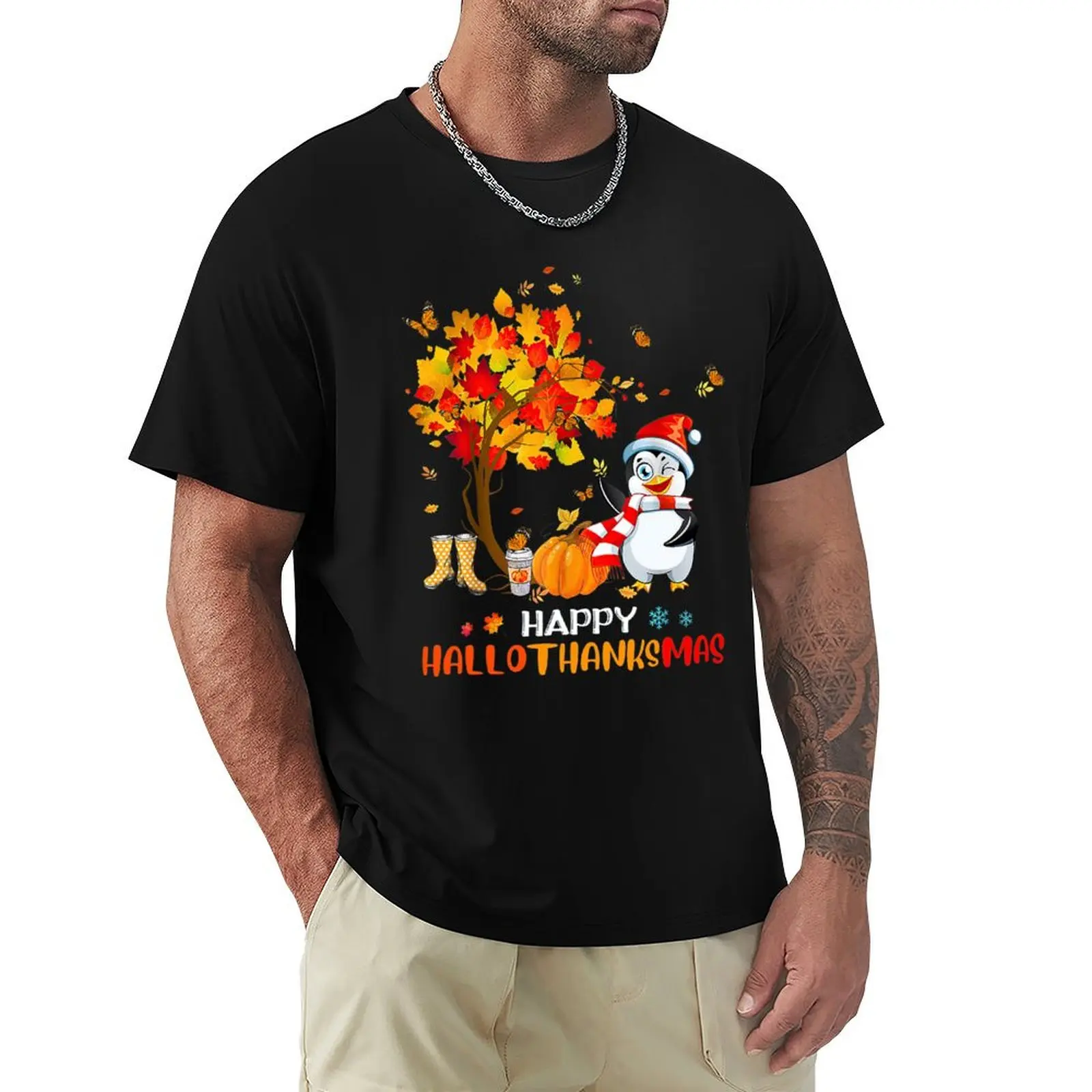 

Penguin Halloween And Merry Christmas Happy Hallothanksmas T-Shirt shirts graphic T-shirts oversize designer t shirt men