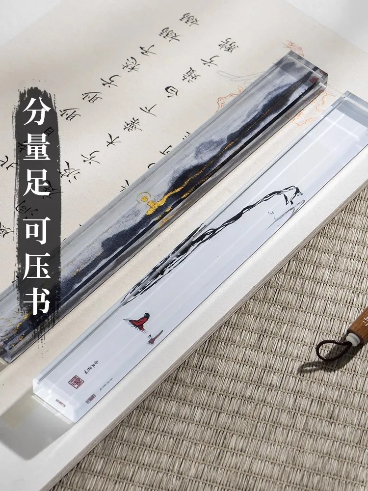 1PCS Glass Paperweight with Pattern, Transparent Calligraphy Scroll Press, Modern Office Desk Decor 22.4x2.5x1.2 cm