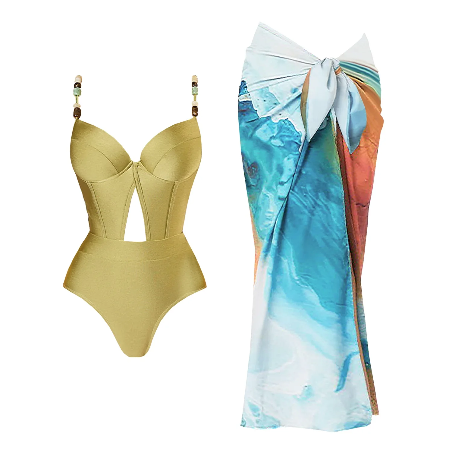2Pcs Swimsuit Women Sexy Swimwear 2025 New Bikini Set With Sarong Female Biquini Push Up Swim Suit Bodysuit Beachwear Cover Up