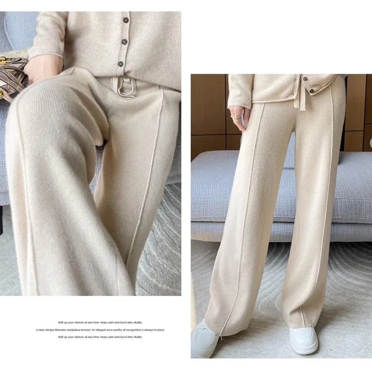 2024 High-end Cashmere Temperament Wide-leg Pants Women's High Waist 100 Pure Wool Pants Loose Casual Straight Outer Trousers