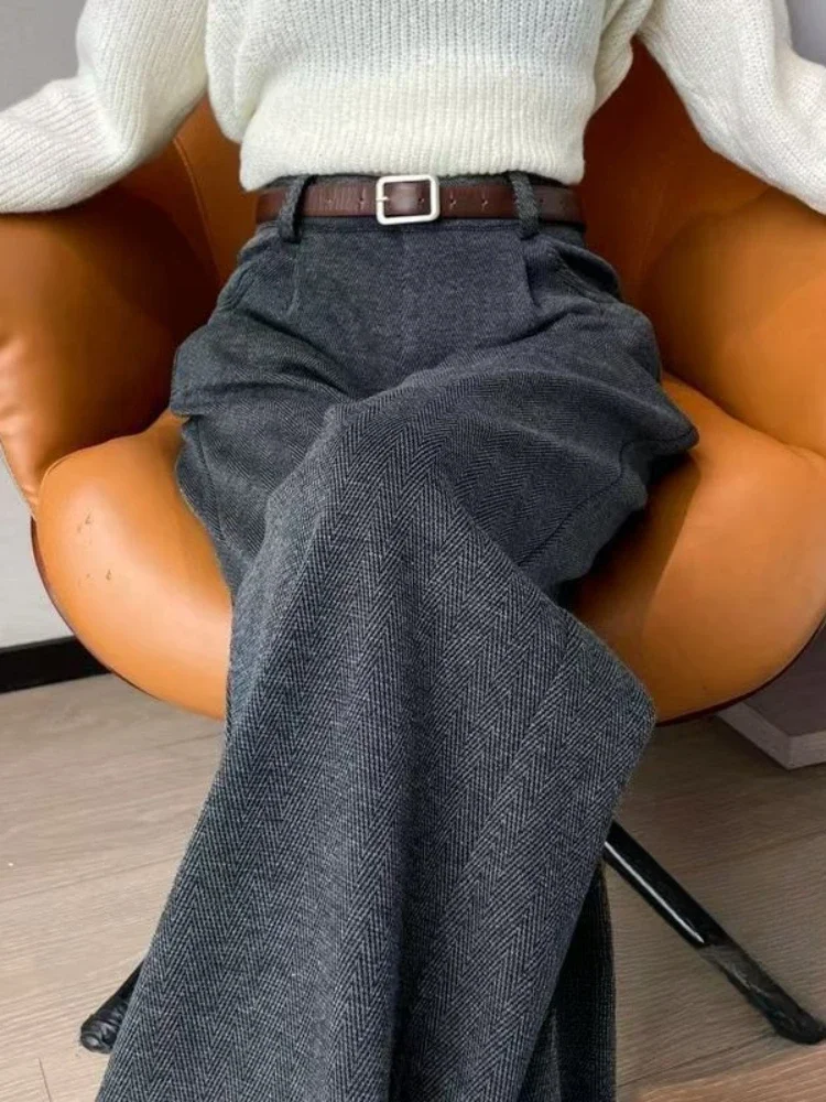 Herringbone Loose Simple Versatile Trousers Women 2026 Autumn Woolen Cloth Wide Leg Pants Women High Waist Straight Casual Pants