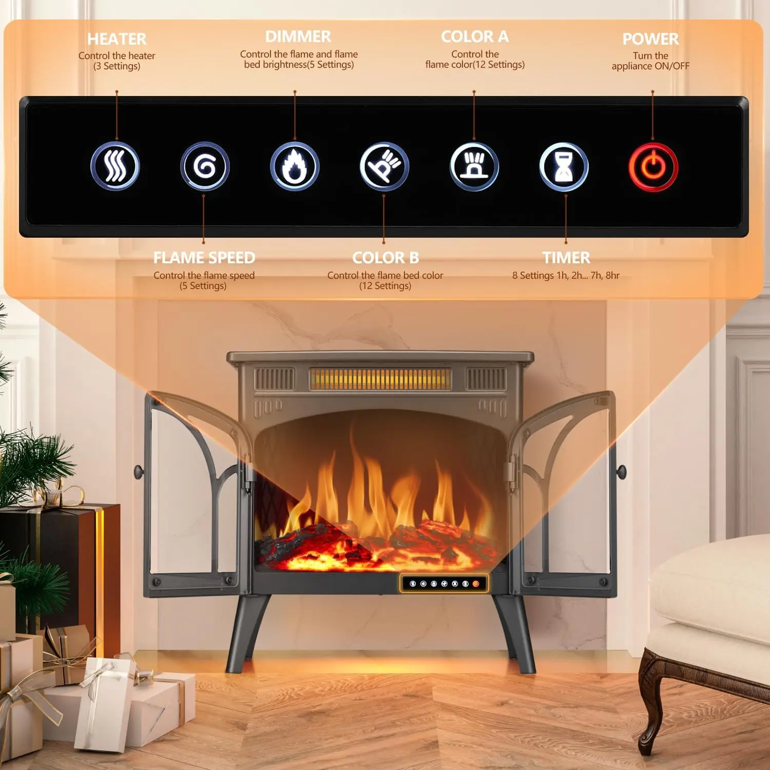 Electric Fireplace Stove Heater with Remote Control, 25" Fireplace Heater, Adjustable Brightness and Heating Mode