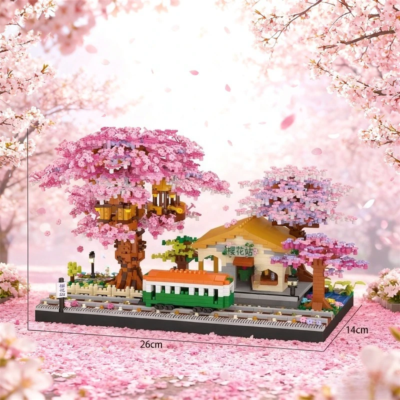 Mini Blocks Beautiful DIY Architecture Pink Flower House Cherry Sakura Building Bricks Adult Toys Birthday Gift Girl Present