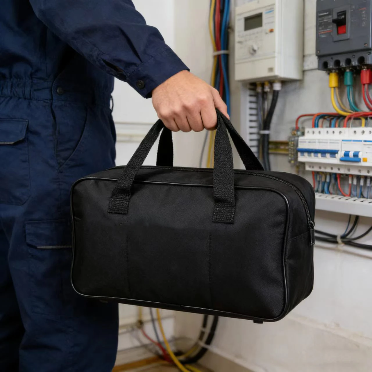 Black Portable Tool Bag for Vehicle Air Pump and Tire Inflation Accessories Made from Premium Oxford Cloth 280x80x230mm