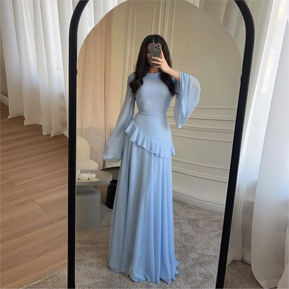 

Elegant Party Dresses Women Trend Round Neck Slim Long Sleeve Ruffle Hem Dress Fashion Dinner Party Trumpet Sleeve Dress
