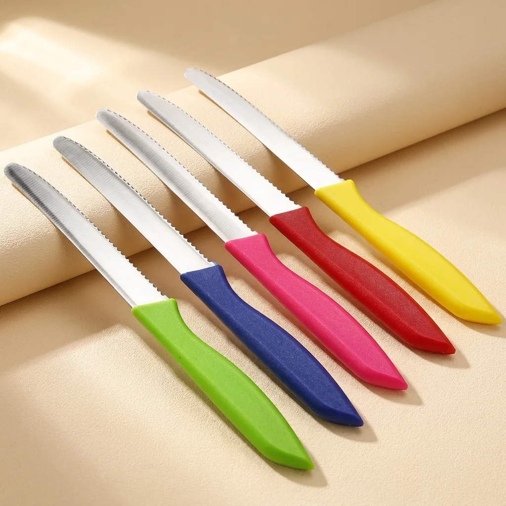 5-piece kitchen knife set, plastic handle, stainless steel serrated knife kitchen cooking accessory for cutting bread and fruits