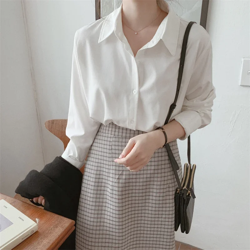 Women Solid White Black Basic Shirt Casual Tops Autumn Long Sleeve Lapel Single-breasted Blouses Chic Korean Female Shirts