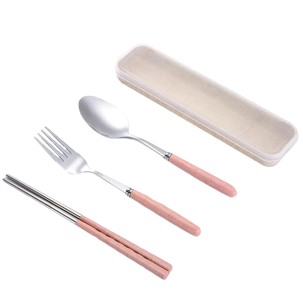 3 Pieces Cutlery Kit Flatware Chopsticks with Portable Travel Tableware Rectangular Storage Box Case , Travel, Picnic, Office