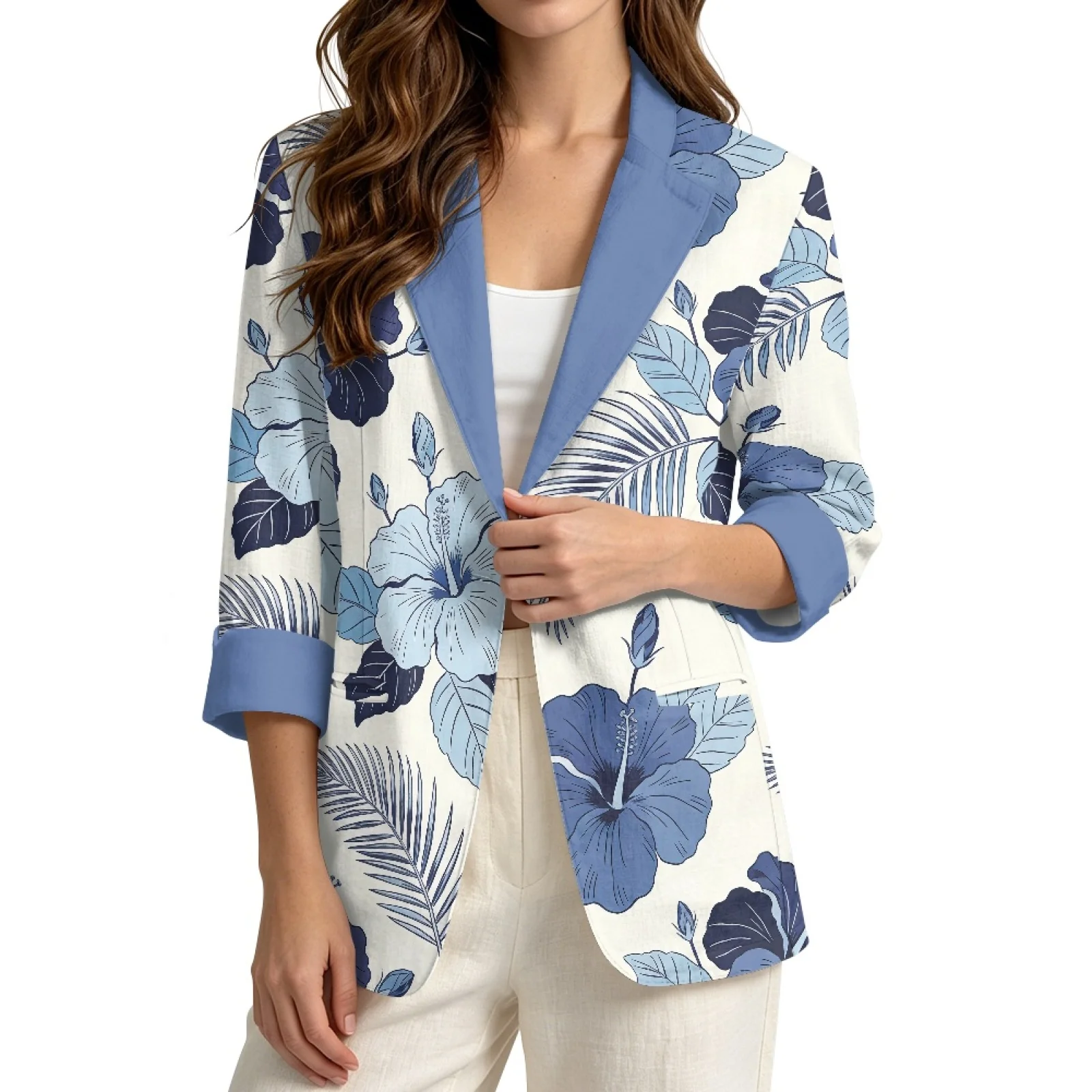PENSTROLL Hibiscus Leaves Casual Open Cardigan for Home Linen Like Daily Shrug Sizes S-3XL
