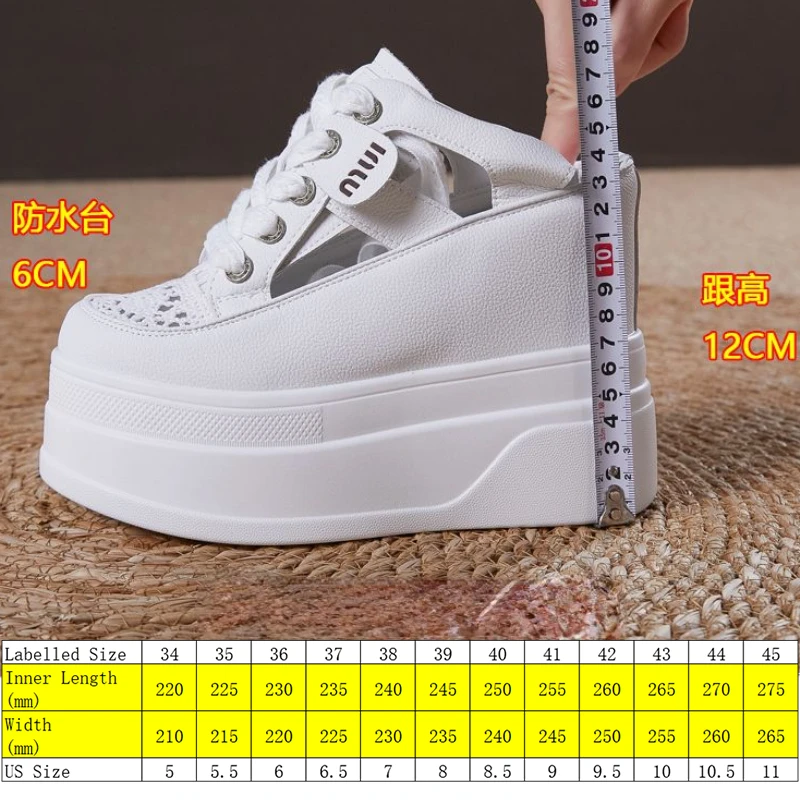 Fujin 12cm Air Mesh Genuine Leather Boots Hollow Women Slippers Summer Platform Wedge Flats Breathable Sandals High Heels Shoes