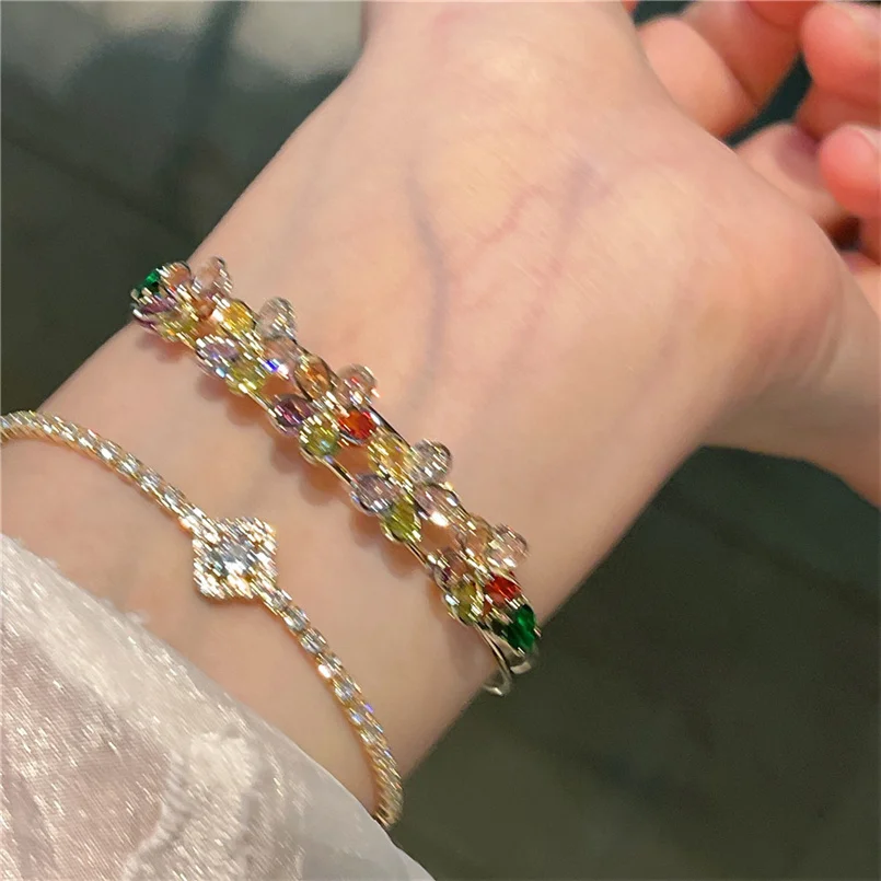 Colorful Small Flower Bangles For Women Adjustable Shine Zirconia Fine Jewelry Fashion Party Charm Accessories Cuff Bracelets