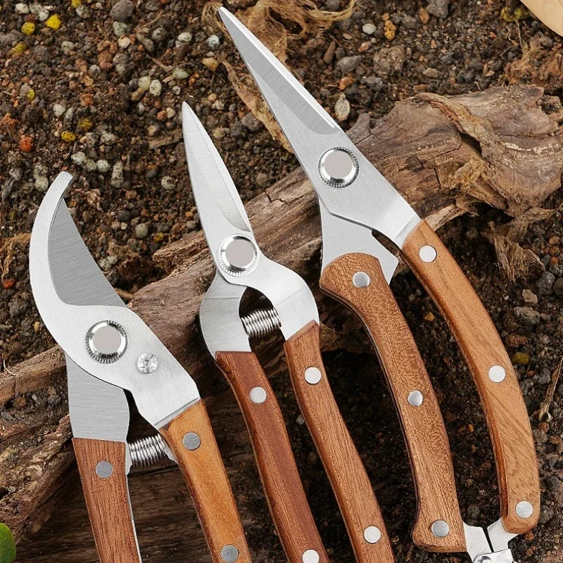 Solid Wood Anti Slip Handle Scissors Stainless Steel Spring Rebound Plant Trimming Shears Courtyard Garden Horticulture Tools