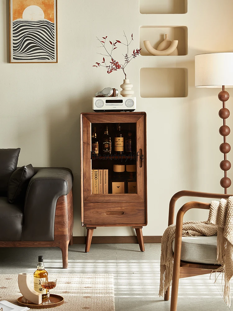

North American black walnut wine cabinet Nordic simple living room solid wood wall household storage low cabinet