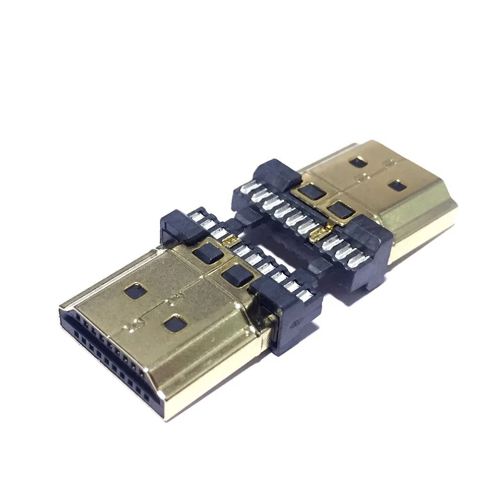 Plugue macho banhado a ouro compatível com HDTV HDMI 19Pin, plugue DIY soldado com fio