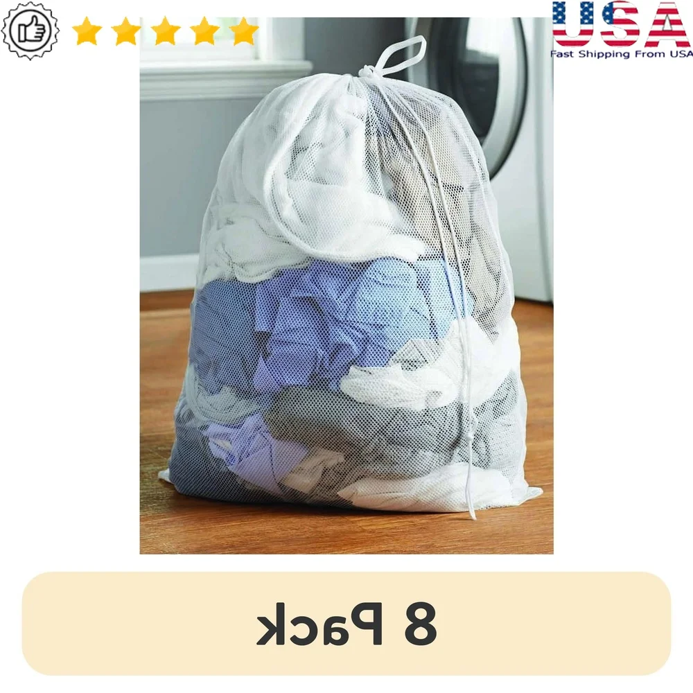 

8-упаковка белых полиэфирных сетчатых мешков для белья, хранения одежды и игрушек, безопасный дизайн на шнурке, можно стирать в машине