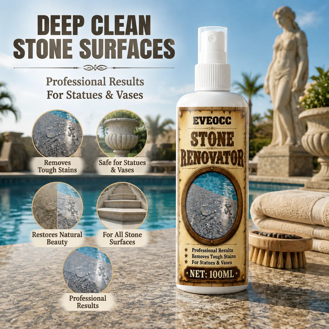 EVEOCC Stone Renovator Spray 100ml, Professional Stone Cleaner Tough Stain Remover for Sink, Statues, Vases & Stone Surfaces