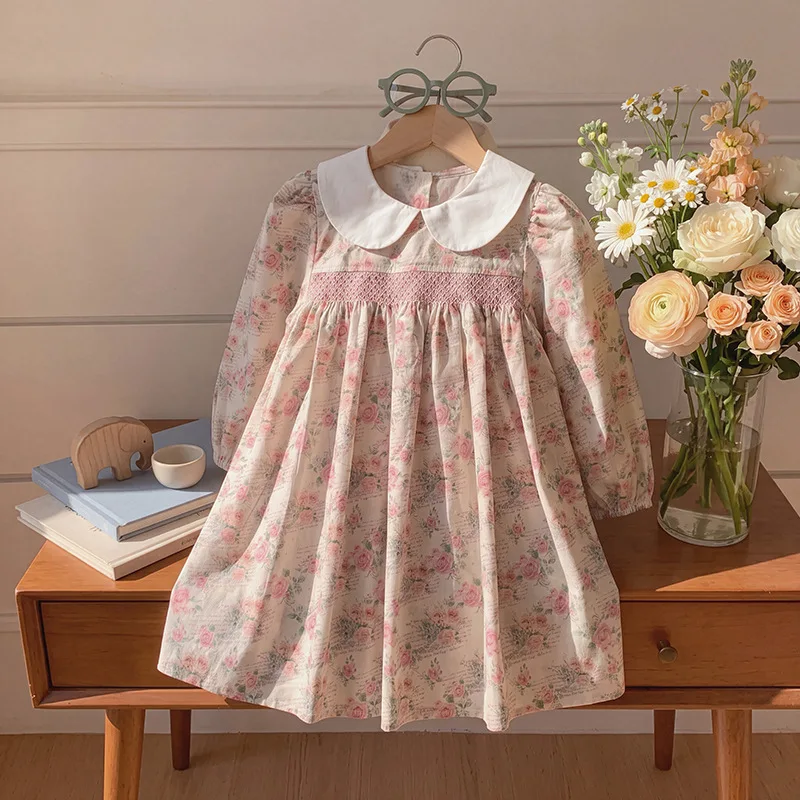 2026 Autumn New French Japanese Korean Style Girls Smocked Dress Print Doll Collar Elegant Long Sleeve Children Dresses