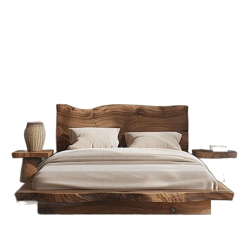 

Full solid wood bed log wind modern simple wabi-sabi wind double