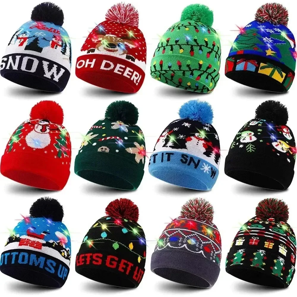 LED Christmas Knitted Hat Light Up Xmas Beanie Cap Unisex Winter Beanie Sweater Hat with Colorful LEDs for Christmas New Yea