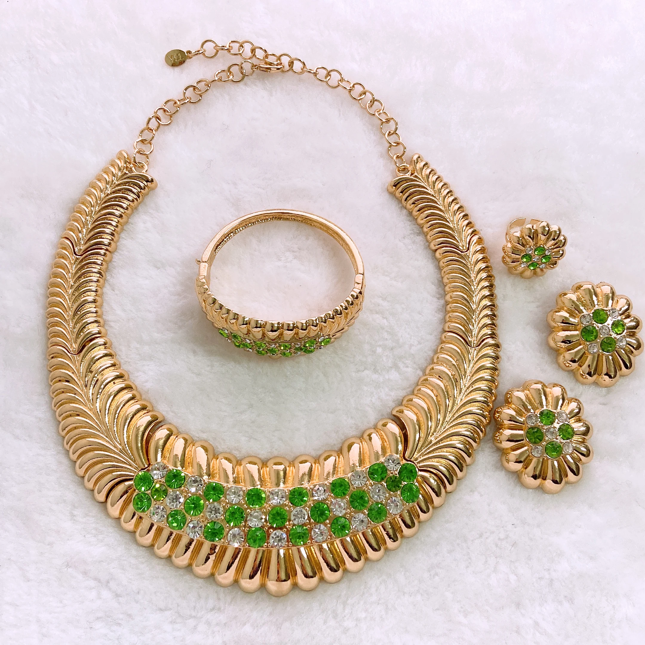 Women Accessories Jewelry Set Necklace Earrings Bangle Ring Green Stone