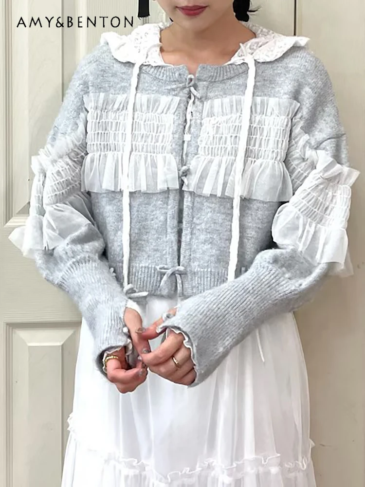 Japanse Striklint Geplooid Mesh Stiksels Kort Gebreid Vest Zoet Temperament Effen Kleur Veelzijdig Slank Vest Dames