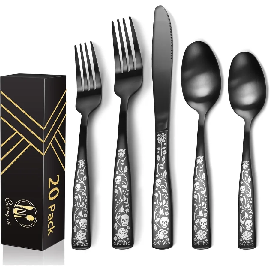 

Набор из 20 шт., матовый черный серебряный набор для 4 черепа, розы, набор культивирования 18, 0, отделка пятен, нержавеющая сталь, готический декор в виде скелета