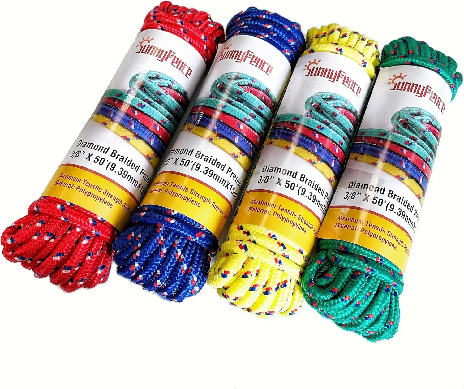 

3/8" x 200ft Diamond Braided Polypropylene Rope, 4 Packs Heavy Duty Rope for Camping, Boating, and Outdoor Use