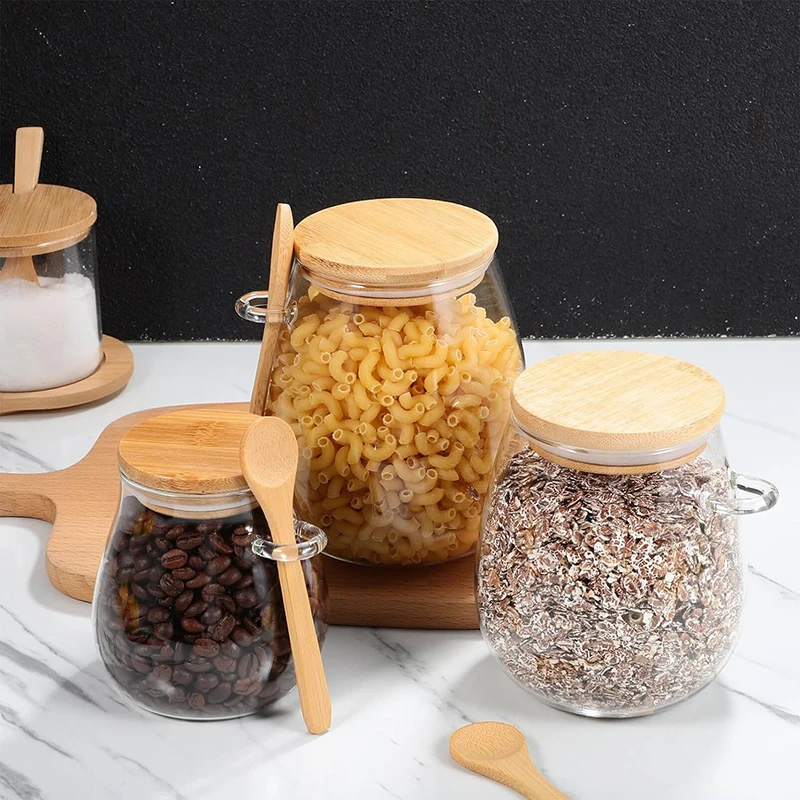 350/600/1000ml Glass Jar with Airtight Bamboo Lid and Spoon Attached,Tea Coffee Salt Sugar Spice Seasoning Container