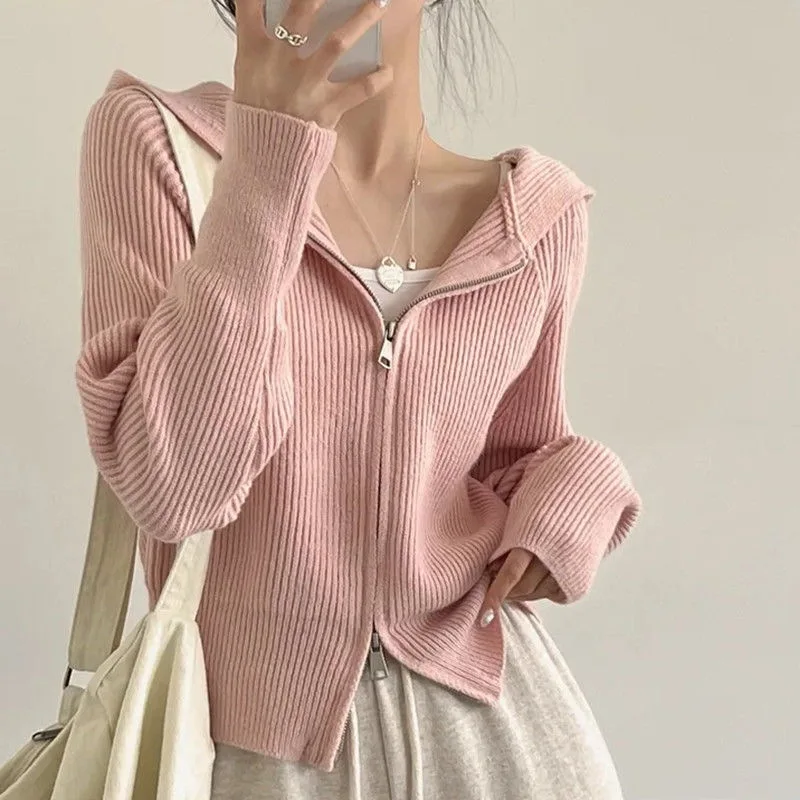 

Spring and Autumn Lazy Style Hooded Knitted Cardigan, Korean Style, Niche Design, Zipper Collar Sweater, Women's Coat