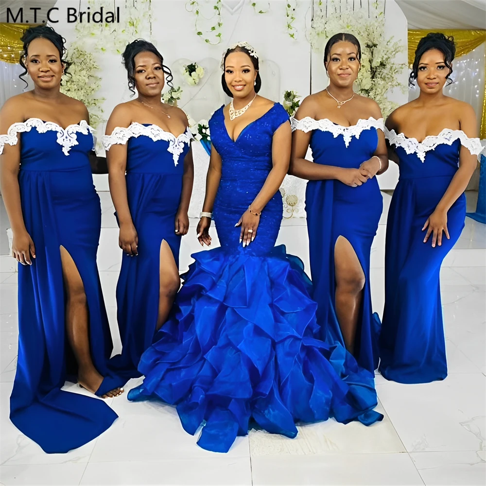 

Royal Blue Long 2025 African Bridesmaid Dresses Boat Neck White Lace Mermaid Wedding Guest Gowns Customized Robe De Soiree