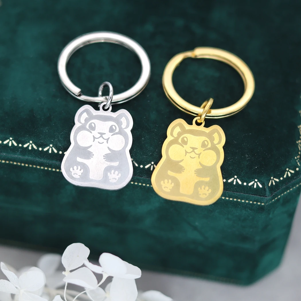 QIMING Custom Name Keychains Women Chubby Cheek Hamster Key Ring Stainless Steel Jewelry Engraved Keyring Men Gift