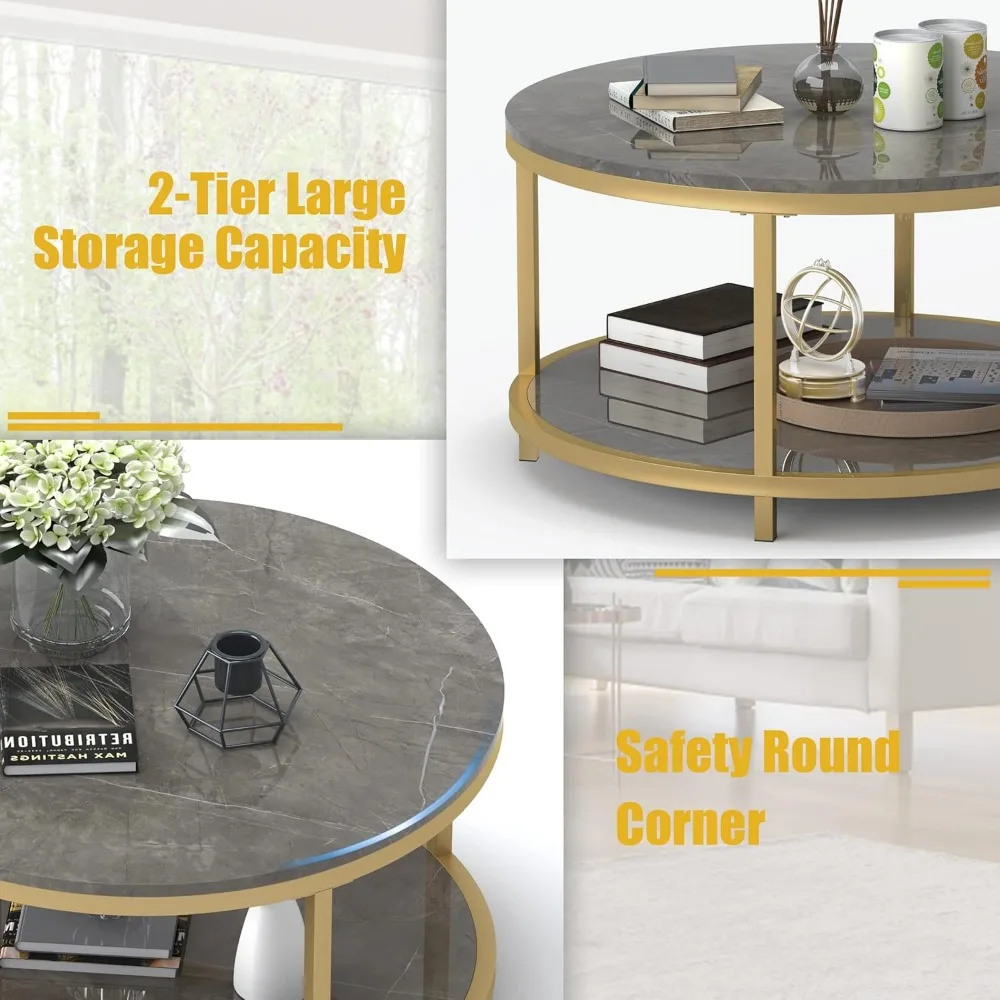 طاولة قهوة دائرية حديثة لغرفة المعيشة - سطح من الرخام الصناعي عالي اللمعان، قاعدة معدنية ذهبية قوية، قطر 33.5