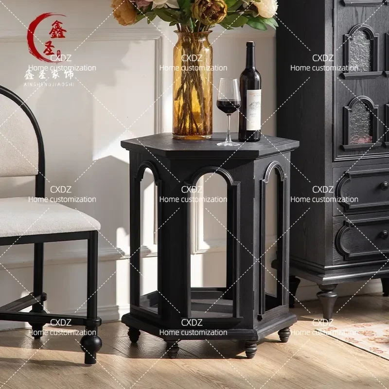 Medieval Solid Wood Storage Coffee Table Polygonal Sofa Side Table Retro Small Apartment Balcony End Table