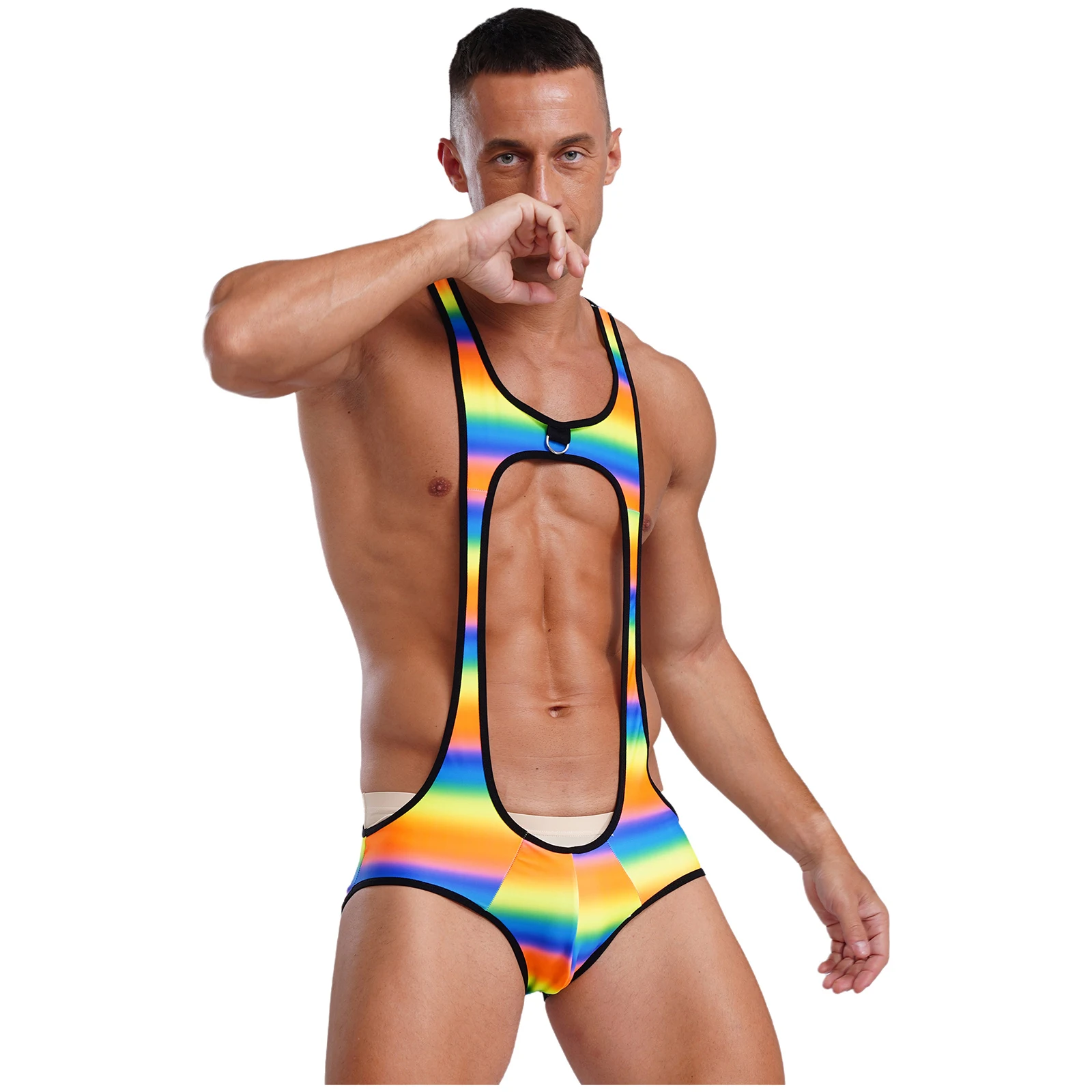 

Sexy Mens Cutout U Neck Wrestling Singlet Costume Sleeveless Jockstrap Bodysuit Printed Open Butt Leotard Bodybuilding Fitness