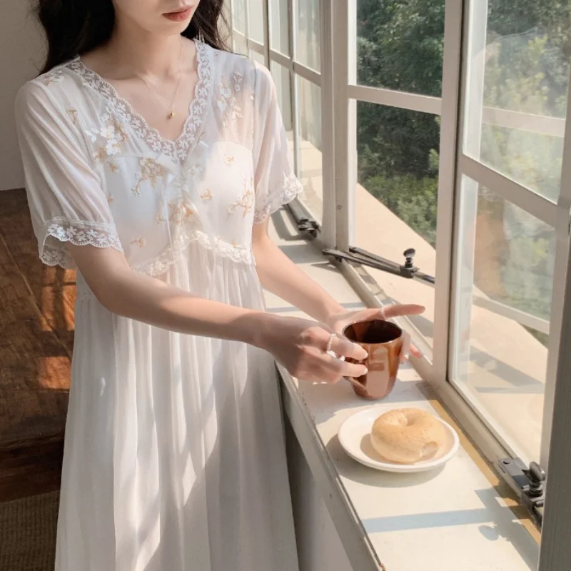 Summer Fashion Mesh Night Dress Vintage Lace Cute Short Sleeve Nightgown Sweet Solid Color Long Nightwear Sexy V Neck Sleepwear