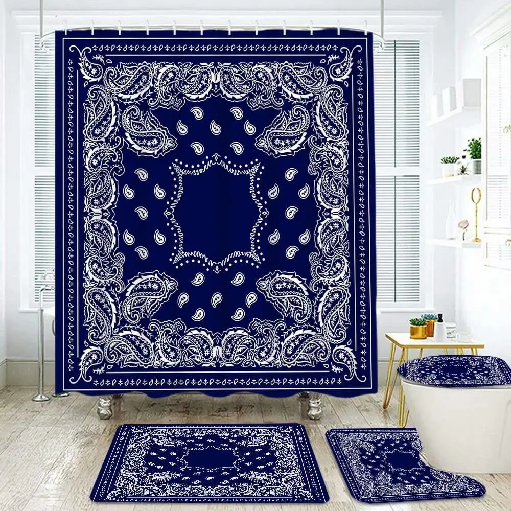 Paisley Bandana Navy Blue Boho Mandala Floral Shower Curtain Sets Non-slip Carpet Toilet Lid Cover Bath Rug Bathroom Decor