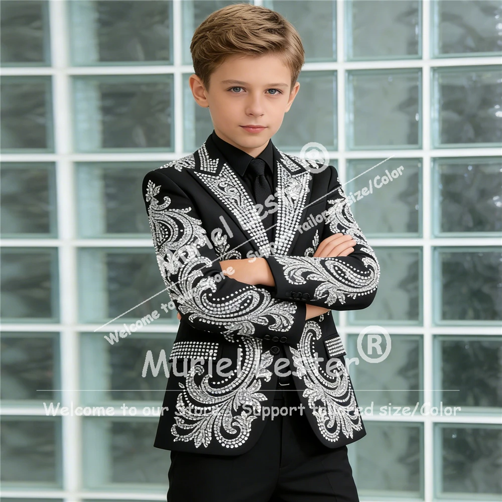 

Роскошный детский костюм для свадьбы: пиджак и брюки с бисером и стразами, комплект из 2 предметов, детские нарядные смокинги, индивидуальный пошив, свадебные наряды для детей