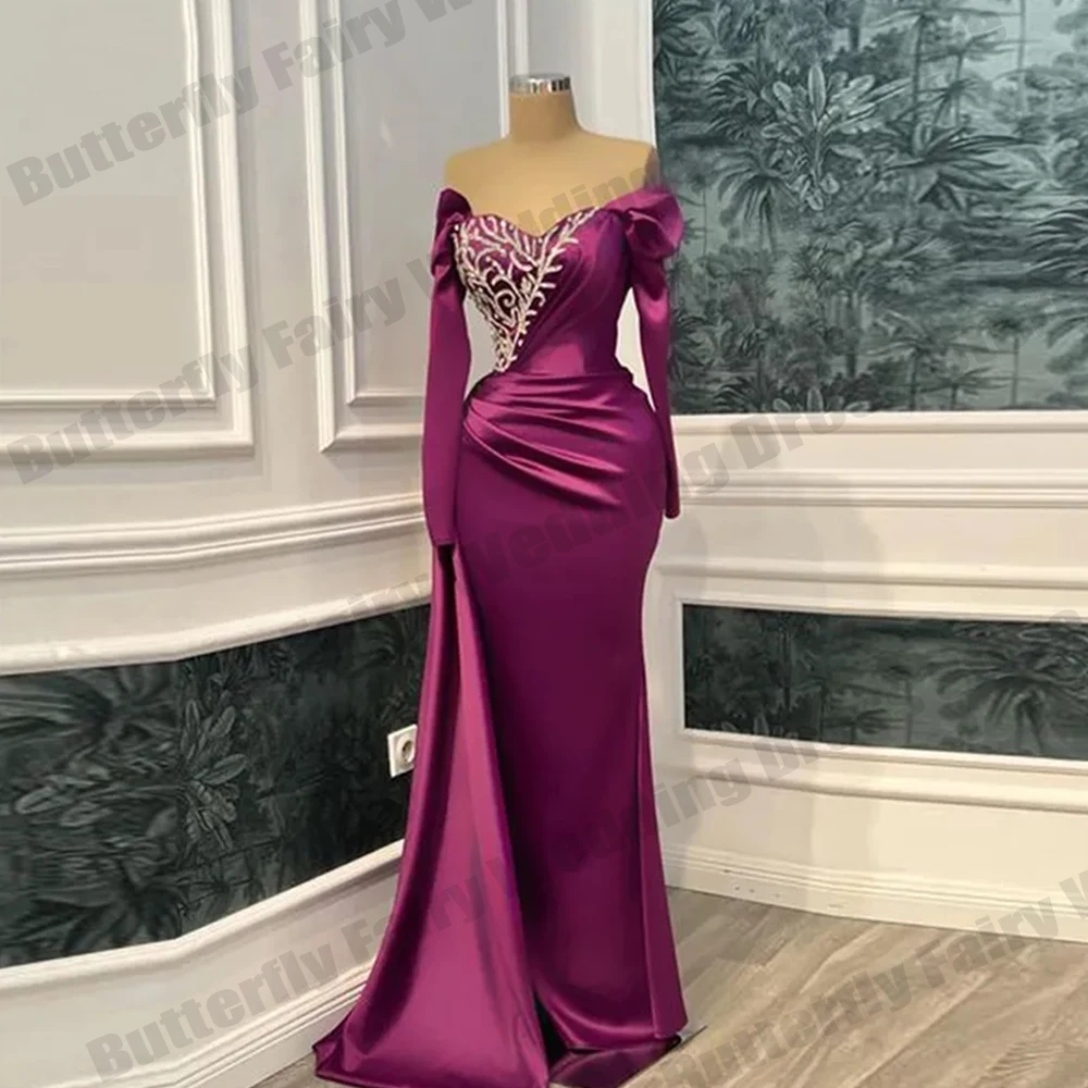 

Luxurious Latest Long Evening Dresses For Women Slimming Off Shoulder Long Sleeves Design Ruched Waist Ribbon Beading Sequined