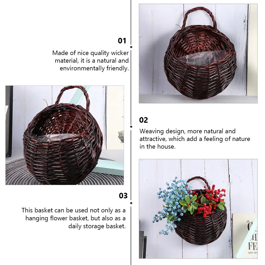 

2 Pcs Wicker Woven Basket Plant Hanger Balcony Hanging Planter Coffee Durable Storage Natural Decor Fiber