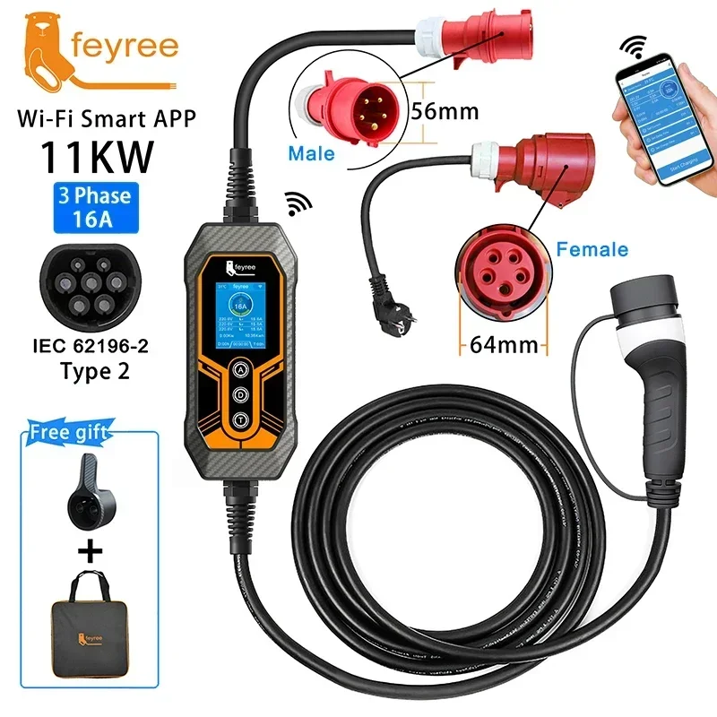 Feyree 11KW 16A 3-fase Type 2 draagbare EV-oplader Wi-Fi APP Bluetooth-versie EVSE-oplaadkabel 5 m CEE-stekker voor elektrische auto