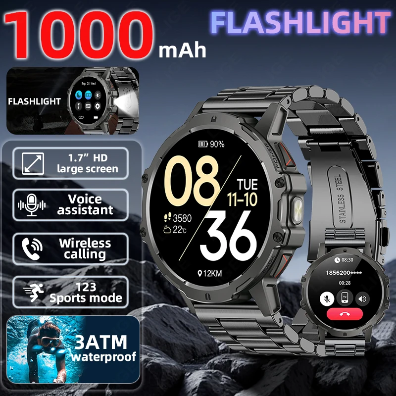 

LIGE Sports Fitness Tracker 1.7“Screen Smart Watch 1000mAh Battery 3ATM Waterproof LED Flashlight Bluetooth Call Smartwatch Men