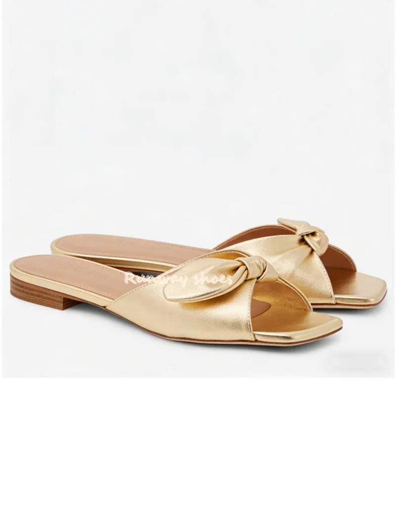 

Gold Elegant Style Leaf Decoration Slip-on Women's Slippers Square-Headed With Exposed Toes Flat Summer Luxury Women's Shoes